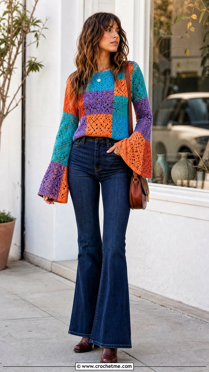 Bell Sleeve Patchwork Crochet Sweater With Flared Jeans - 35 patchwork crochet sweater outfit ideas