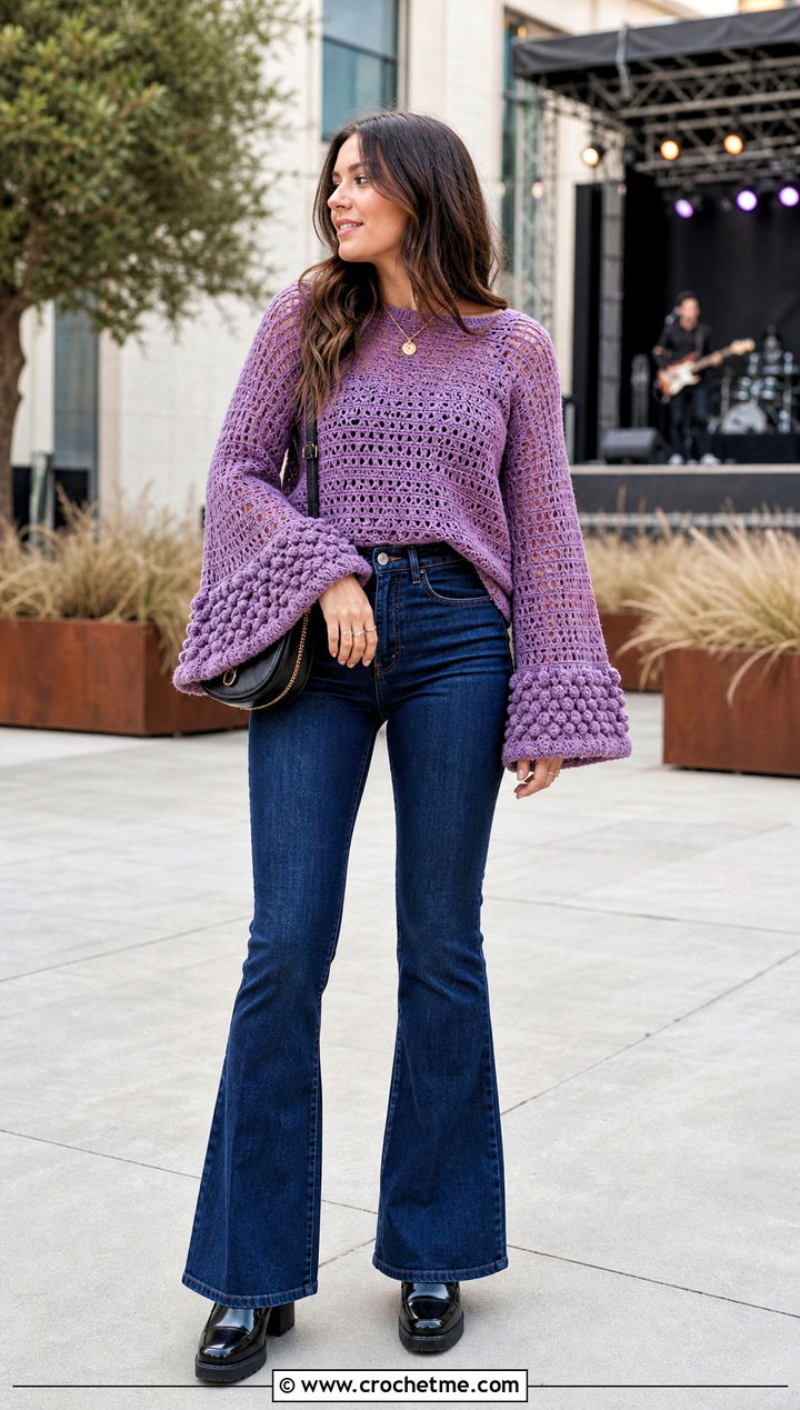 Bell Sleeve Pullover Crochet Sweater With Slim Flare Jeans - 30 Pullover Crochet Sweater outfit ideas