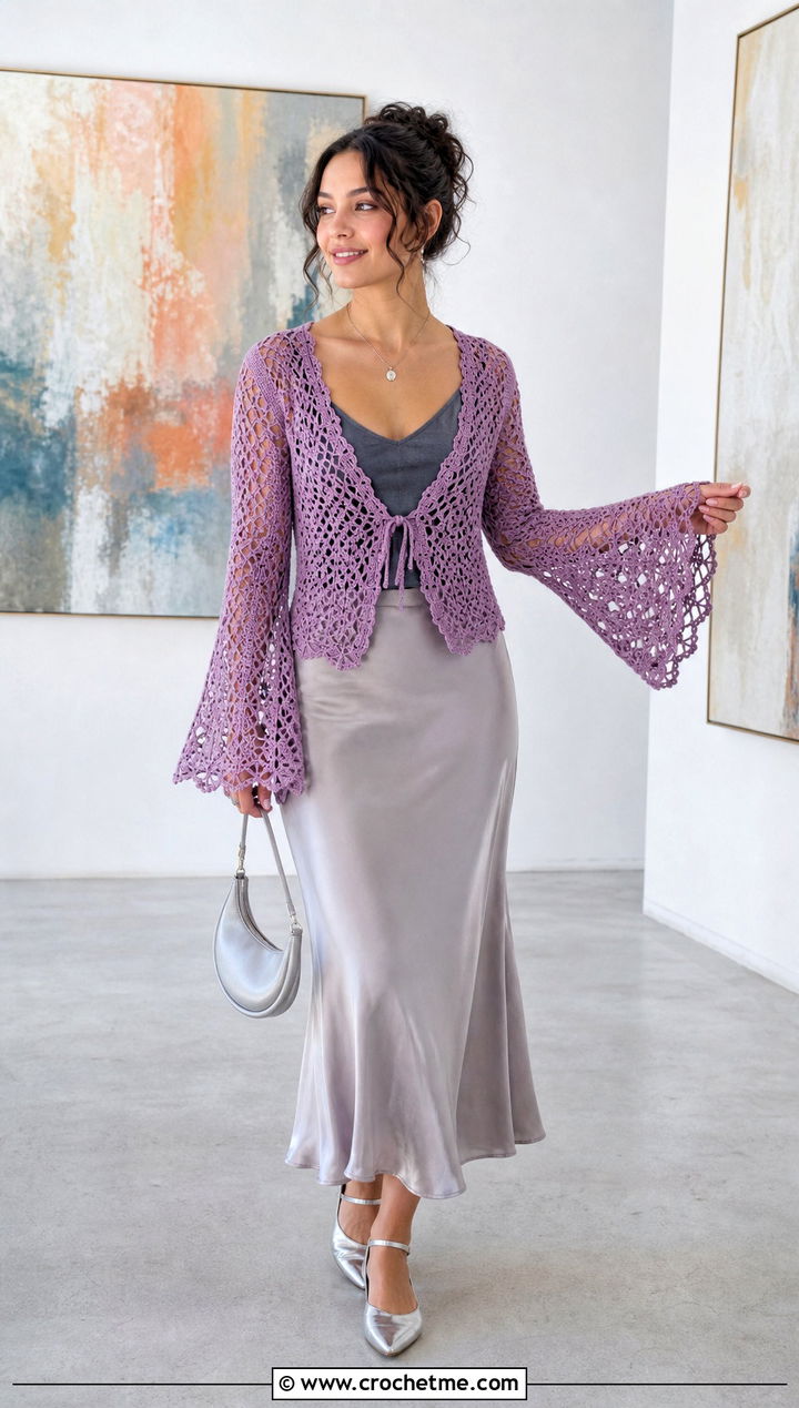 Bell Sleeve Purple Crochet Cardigan With Slip Skirt - 35 purple crochet cardigan outfit ideas