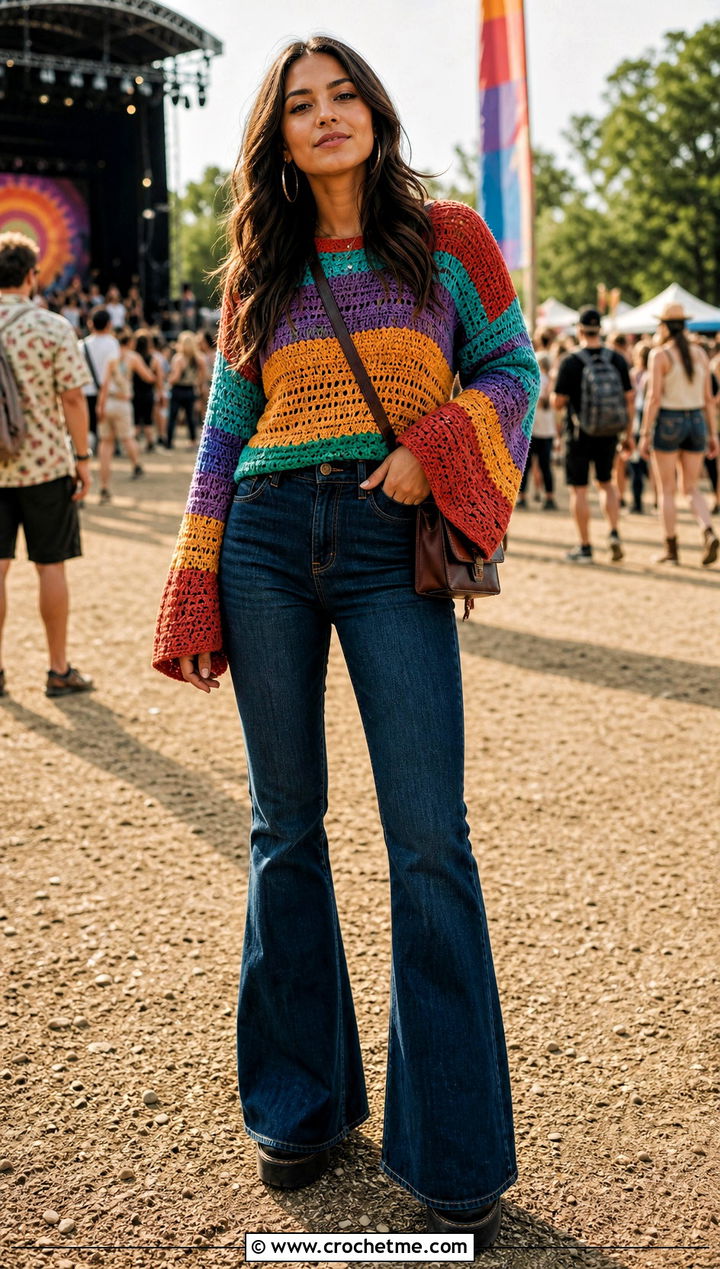 Bell Sleeve Rainbow Striped Crochet Sweater With Flared Jeans - 15 rainbow striped crochet sweater outfit ideas