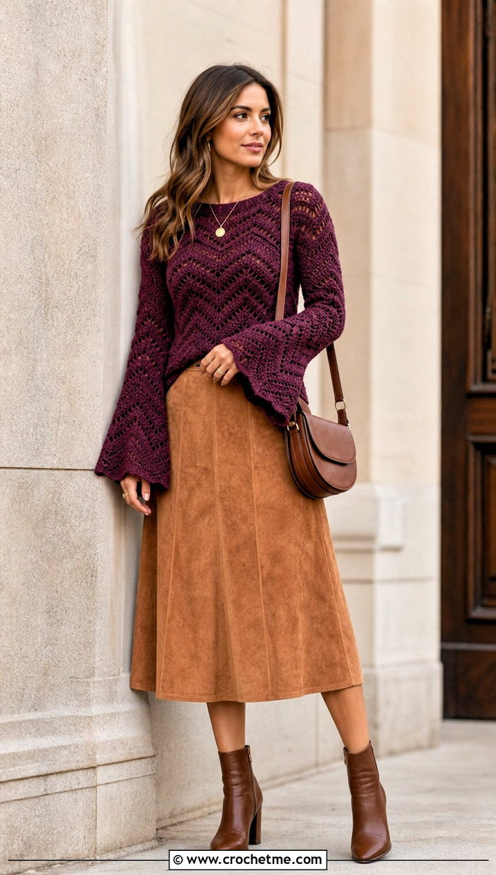 Bell Sleeve Ripple Crochet Sweater With A Suede Midi Skirt - 20 Ripple Crochet Sweater outfit ideas