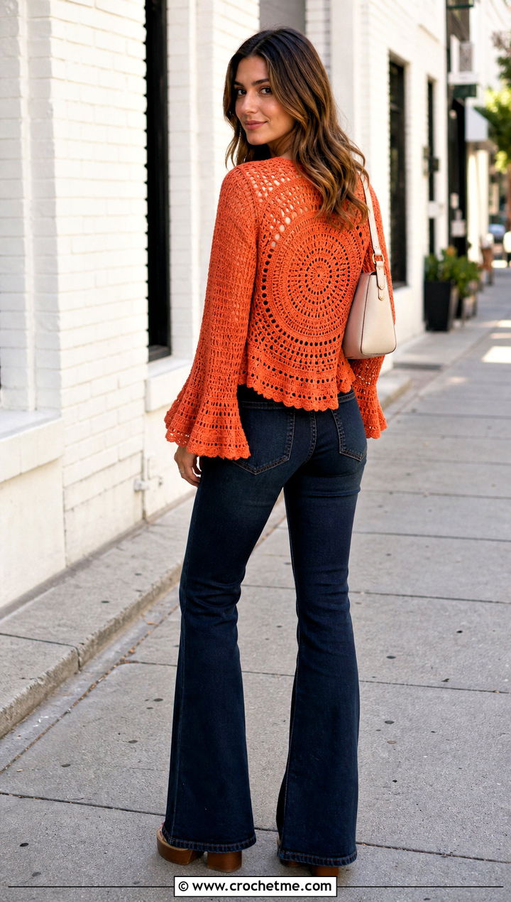 Bell Sleeve Round Crochet Cardigan With Flared Jeans - 35 round crochet cardigan outfit ideas