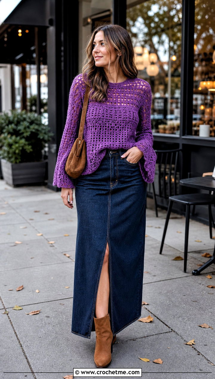Bell Sleeve Rustic Crochet Sweater With Denim Maxi Skirt - 15 Rustic Crochet Sweater outfit ideas