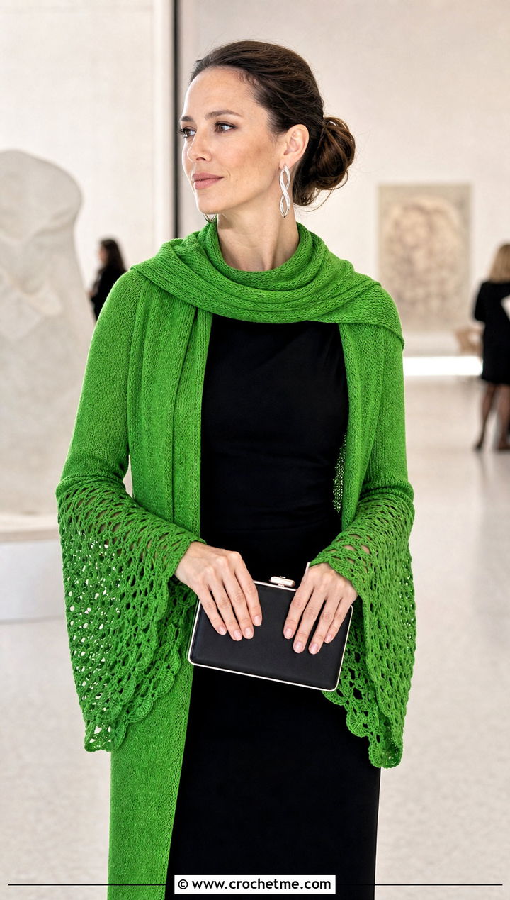 Bell Sleeve Scarf Wrap With Column Dress - 20 crochet scarf with arms outfit ideas