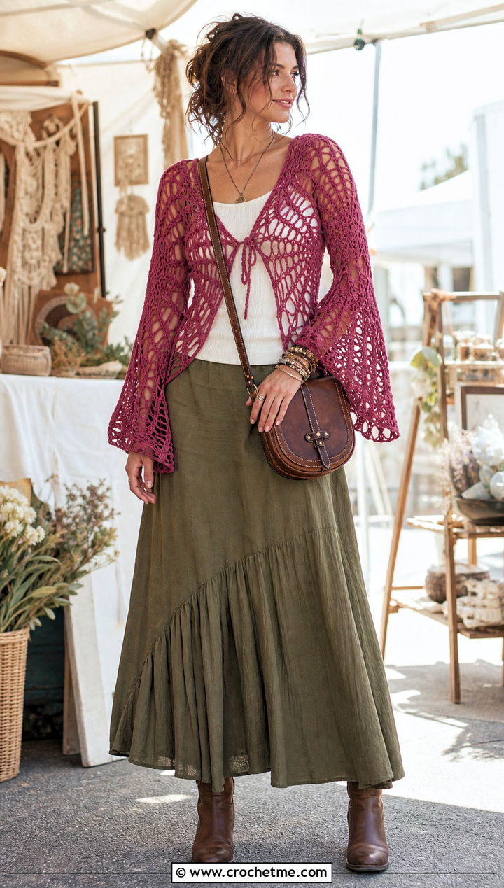 Bell Sleeve Spider Crochet Top With Maxi Skirt - 35 spider crochet top outfit ideas