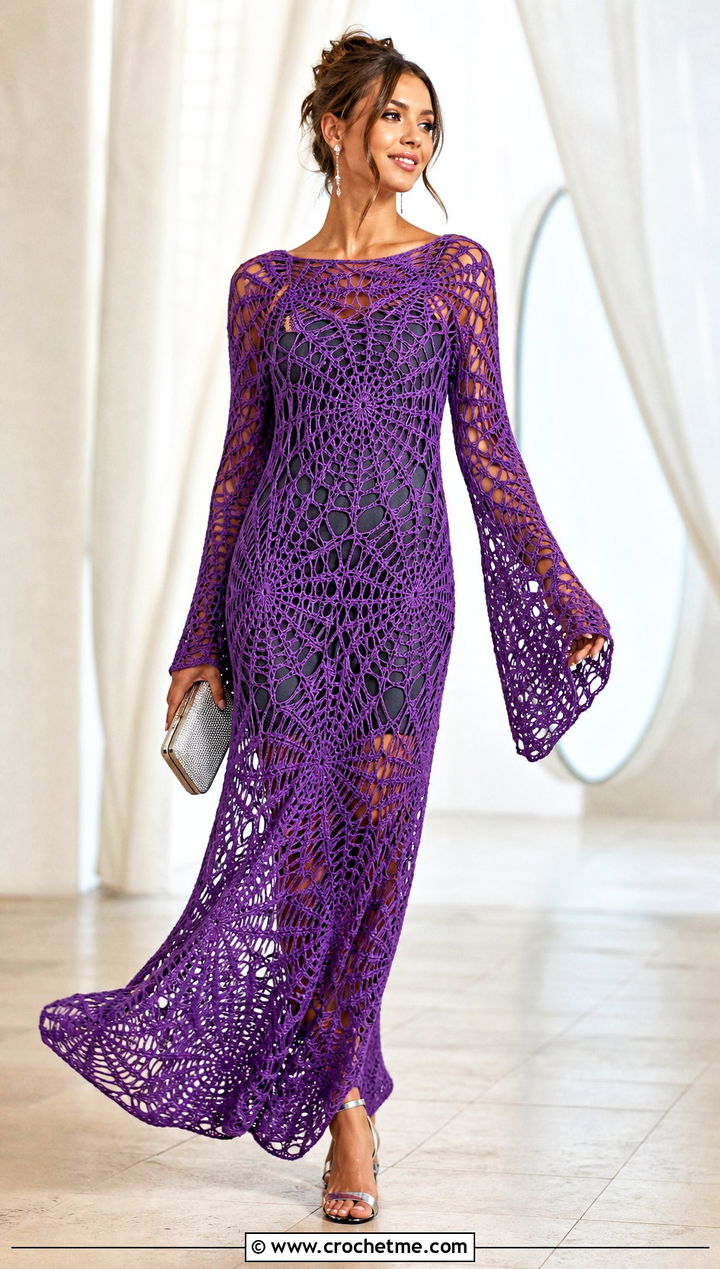 Bell Sleeve Spider Web Crochet Maxi Dress With Satin Slip - 15 spider web crochet dress outfit ideas