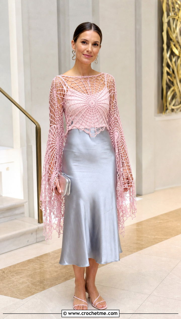 Bell Sleeve Spiderweb Top With Satin Midi Skirt - 30 crochet spiderweb top outfit ideas