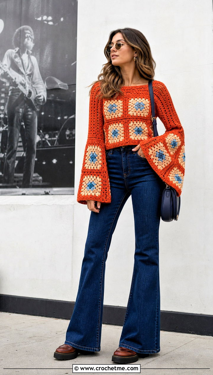 Bell Sleeve Square Jumper With Flared Jeans - 30 crochet square jumper outfit ideas
