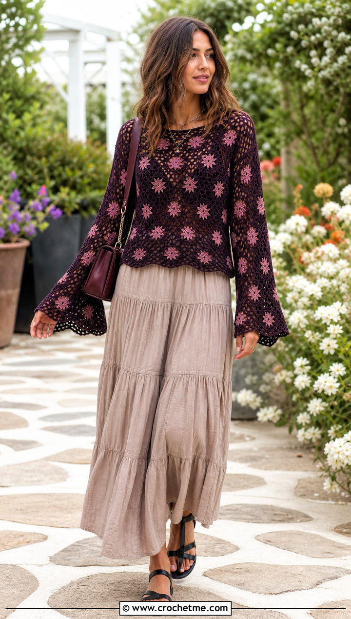Bell Sleeve Star Crochet Top With Tiered Maxi Skirt - 30 star crochet top outfit ideas