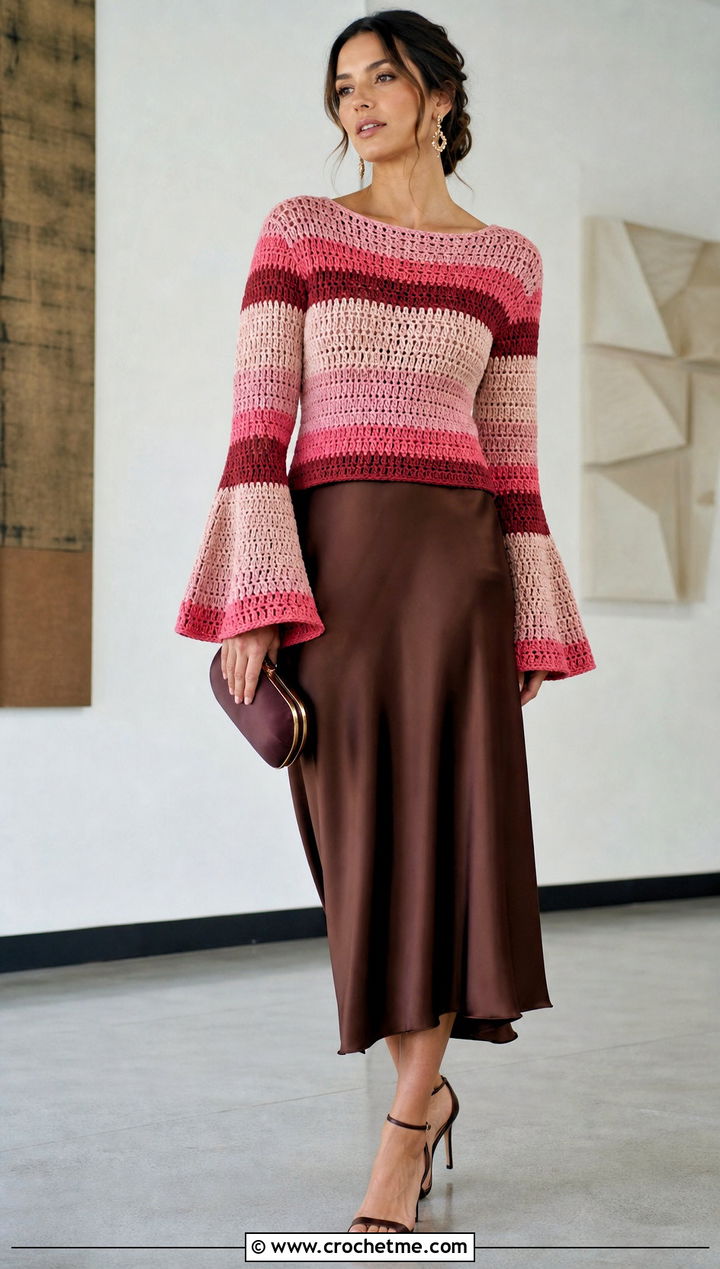 Bell Sleeve Striped Crochet Sweater With Satin Midi Skirt - 30 striped crochet sweater outfit ideas