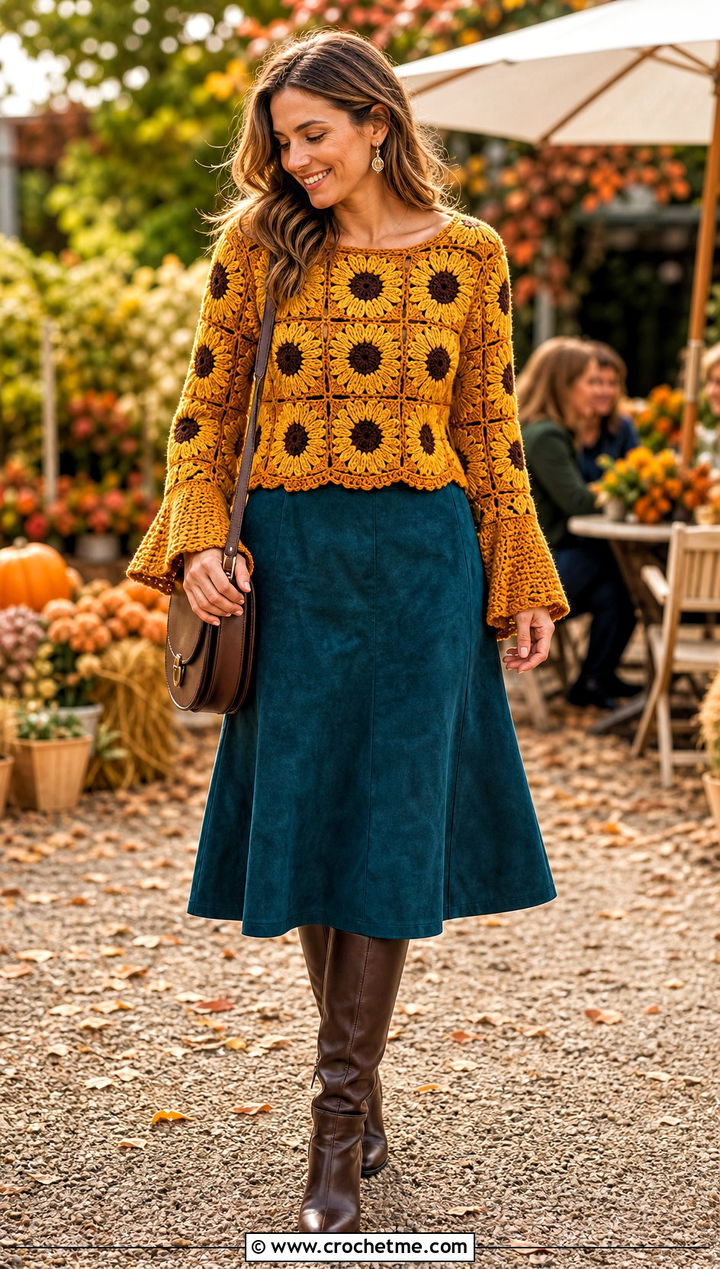 Bell Sleeve Sunflower Granny Square Sweater With Suede Skirt - 30 sunflower granny square sweater outfit ideas