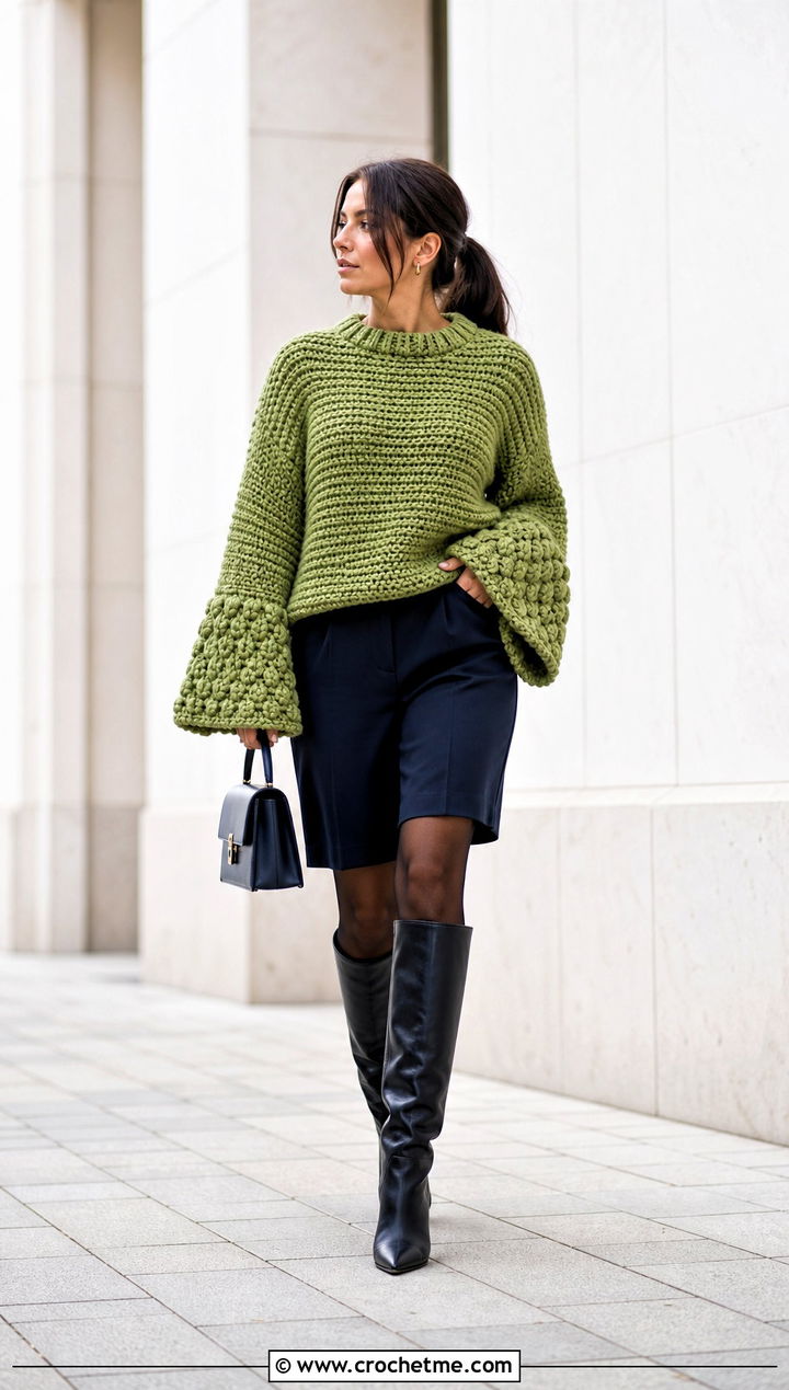 Bell Sleeve Super Bulky Crochet Sweater With Tailored Shorts - 25 Super Bulky Crochet Sweater outfit ideas
