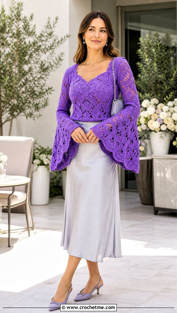 Bell Sleeve Sweetheart Crochet Sweater With Satin Midi Skirt - 15 sweetheart crochet sweater outfit ideas