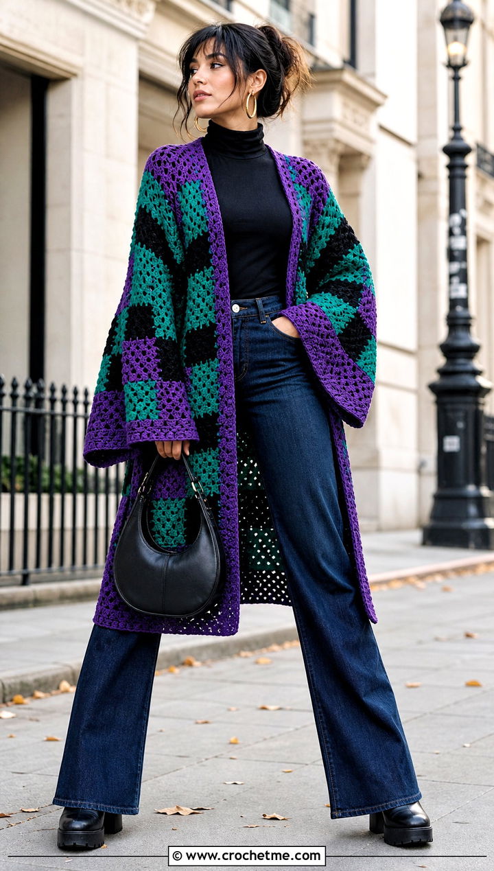 Bell Sleeve Tanjiro Crochet Kimono With Flare Jeans - 25 tanjiro crochet kimono outfit ideas