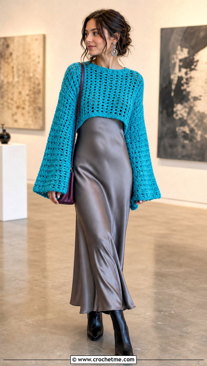 Bell Sleeve Thick Yarn Crochet Sweater With Slip Dress - 25 thick yarn crochet sweater outfit ideas