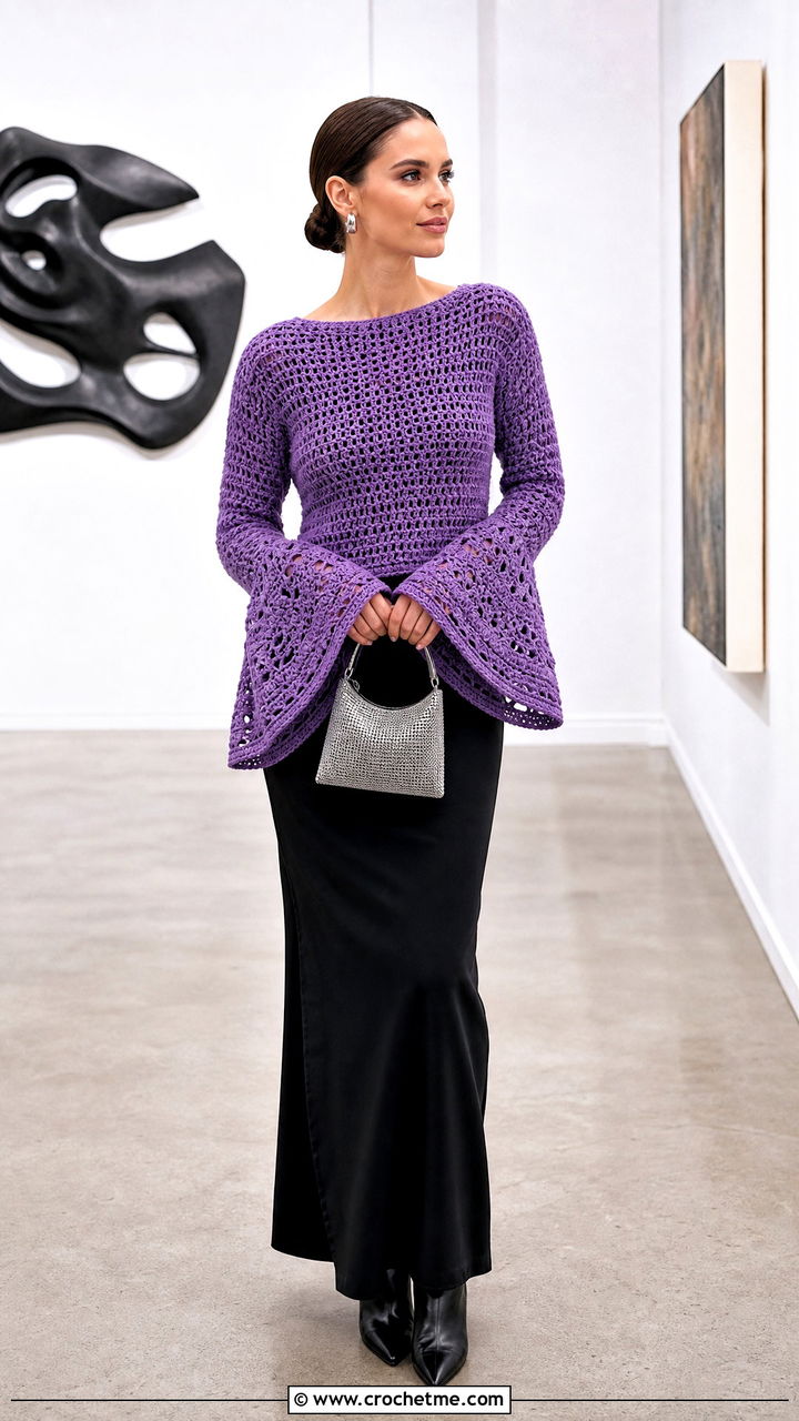 Bell Sleeve Top Down Crochet Sweater With Column Skirt - 35 top down crochet sweater outfit ideas