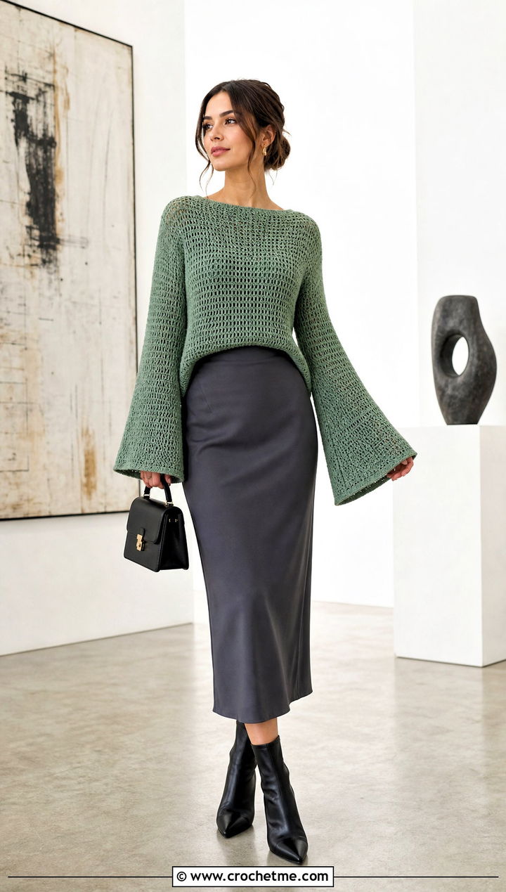 Bell Sleeve Tunisian Sweater With Column Skirt - 35 tunisian crochet sweater outfit ideas