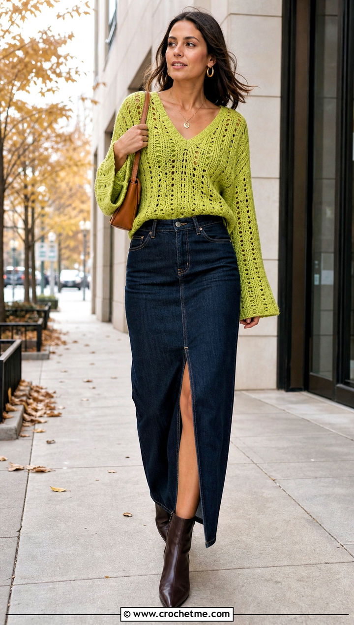Bell Sleeve V Neck Crochet Sweater With Denim Maxi Skirt - 15 v-neck crochet sweater outfit ideas