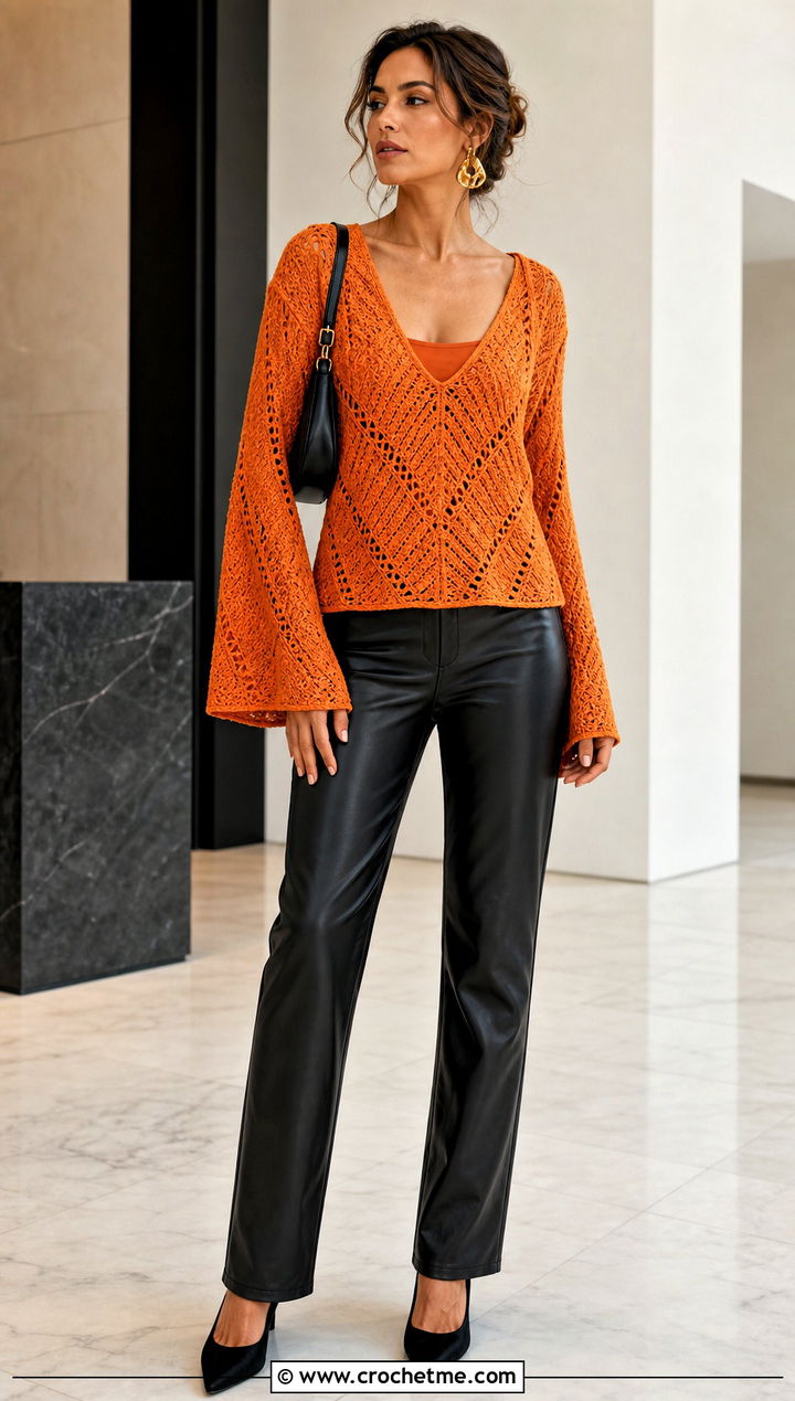 Bell Sleeve V Stitch Crochet Sweater With Leather Pants - 25 V Stitch Crochet Sweater outfit ideas