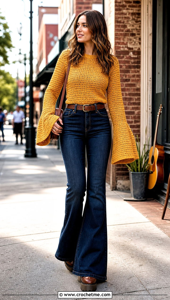 Bell Sleeve Waffle Stitch Crochet Sweater With Flare Jeans - 30 waffle stitch crochet sweater outfit ideas