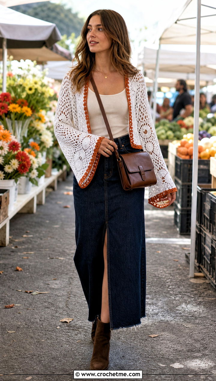 Bell Sleeve White Crochet Cardigan With Denim Maxi Skirt - 35 crochet white cardigan outfit ideas
