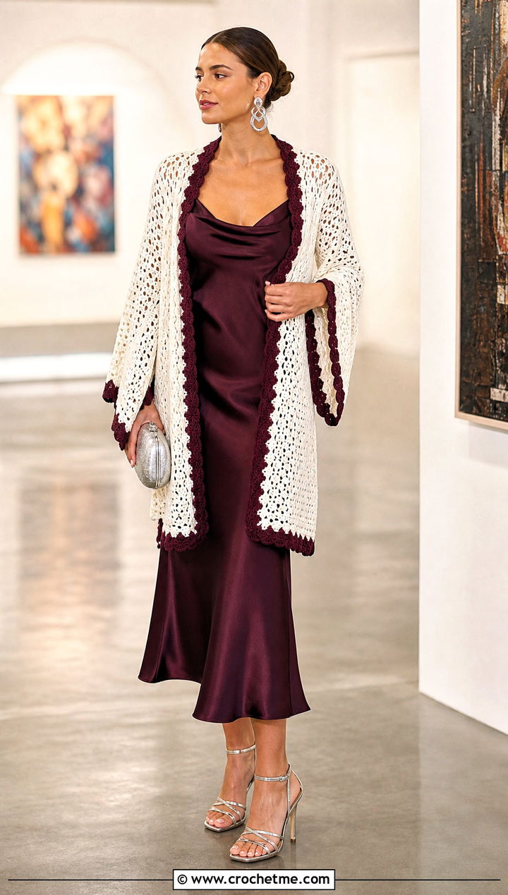 Bell Sleeve White Crochet Kimono With Satin Skirt - 15 White Crochet Kimono outfit ideas