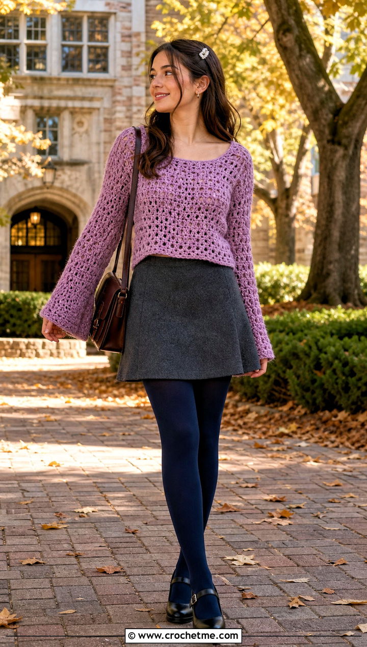 Bell Sleeve Wide Scoop Crochet Sweater With Mini Skirt - 15 Crochet Wide Neck Sweater outfit ideas