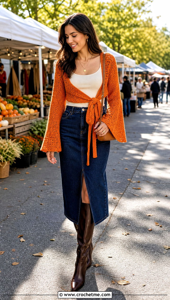 Bell Sleeve Wrap Around Shrug With Denim Midi Skirt - 25 crochet wrap around shrug with sleeves outfit ideas