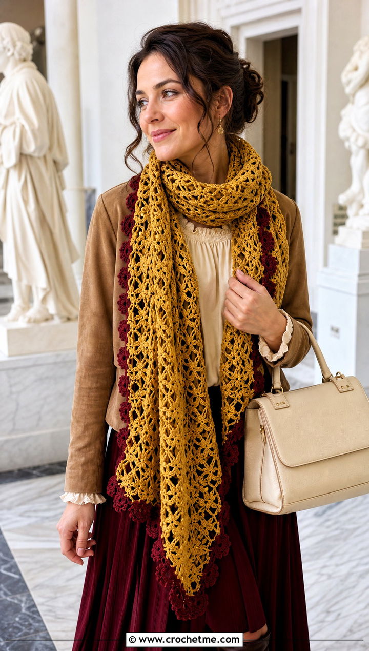 Belle Lace Crochet Scarf With Pleated Midi Skirt - 20 Crochet Disney Scarf outfit ideas