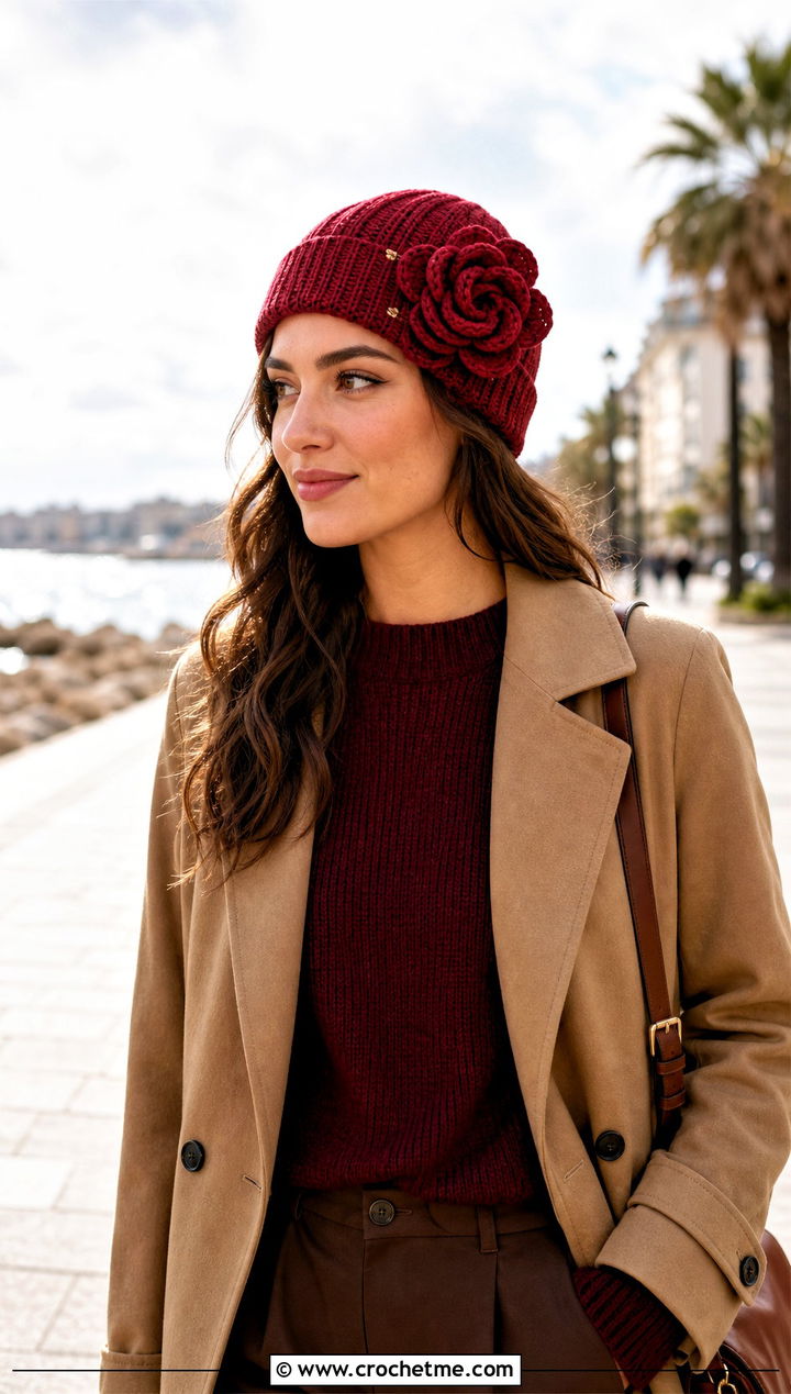 Belle Rose Beanie With Camel Trench Coat - 25 Crochet Disney Beanie outfit ideas