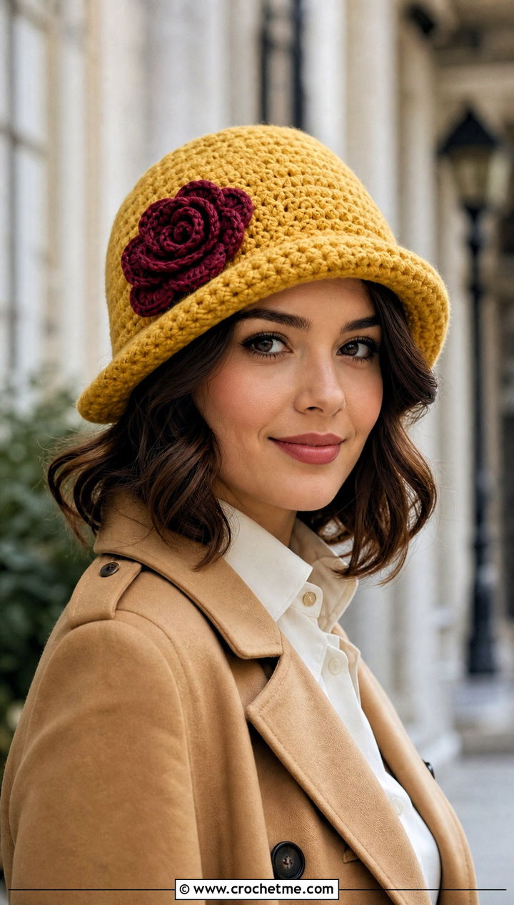 Belle Rose Cloche Hat With Trench Coat - 30 disney crochet hat outfit ideas