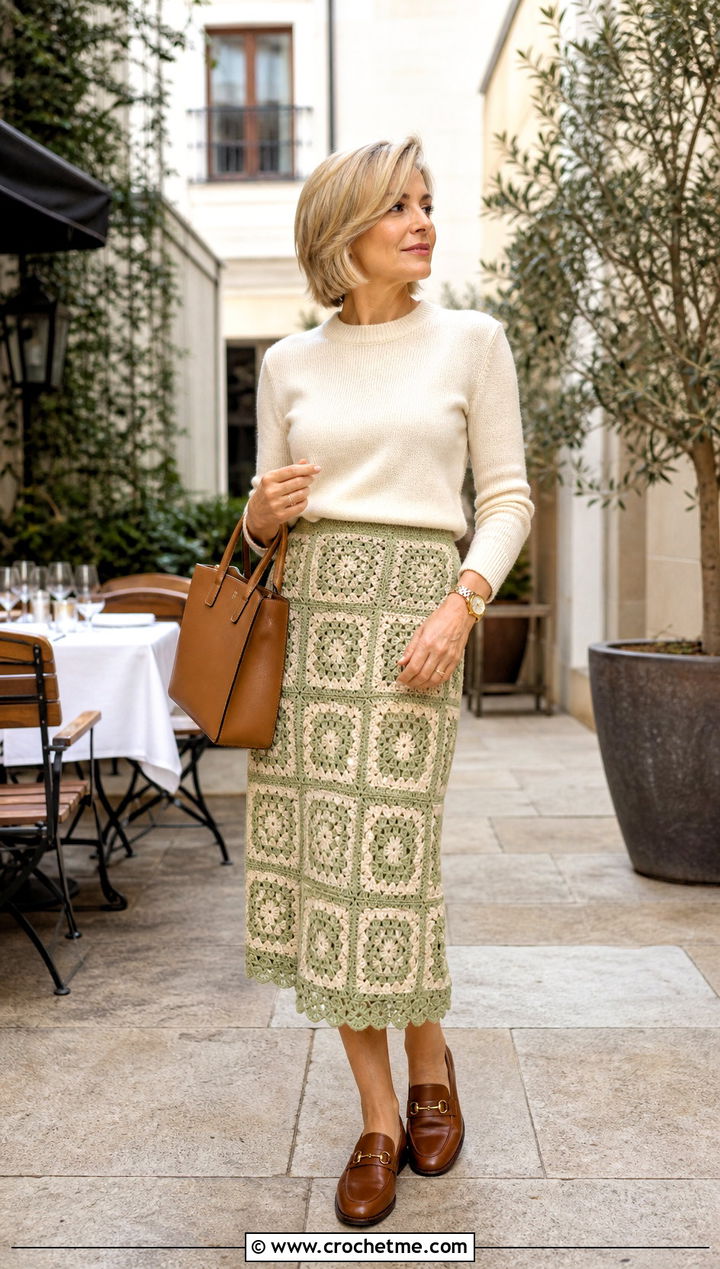 Below Knee Granny Square Skirt With Cashmere Sweater - 30 granny square crochet skirt outfit ideas