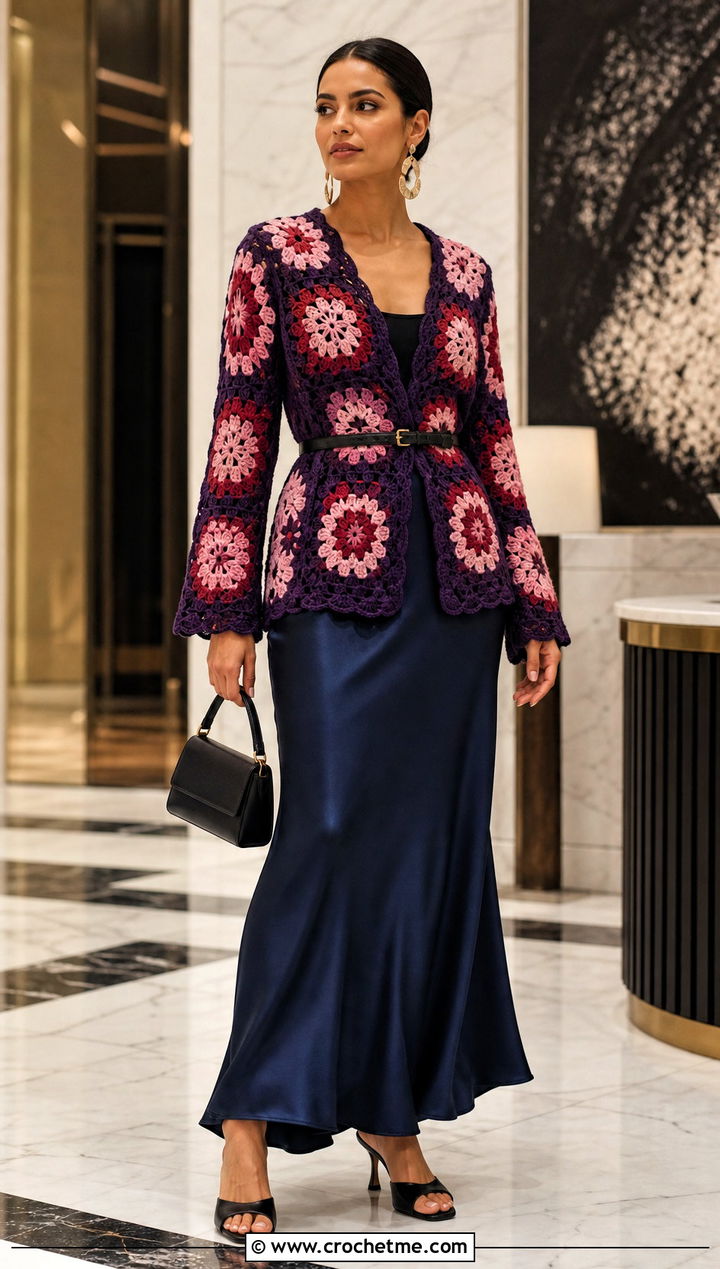 Belted African Flower Crochet Cardigan With Satin Maxi Skirt - 30 african flower crochet cardigan outfit ideas