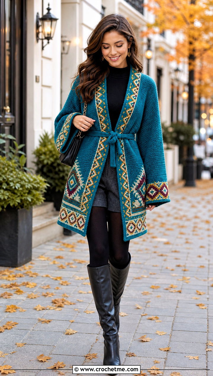 Belted Anime Crochet Cardigan With Knee High Boots - 30 anime crochet cardigan outfit ideas