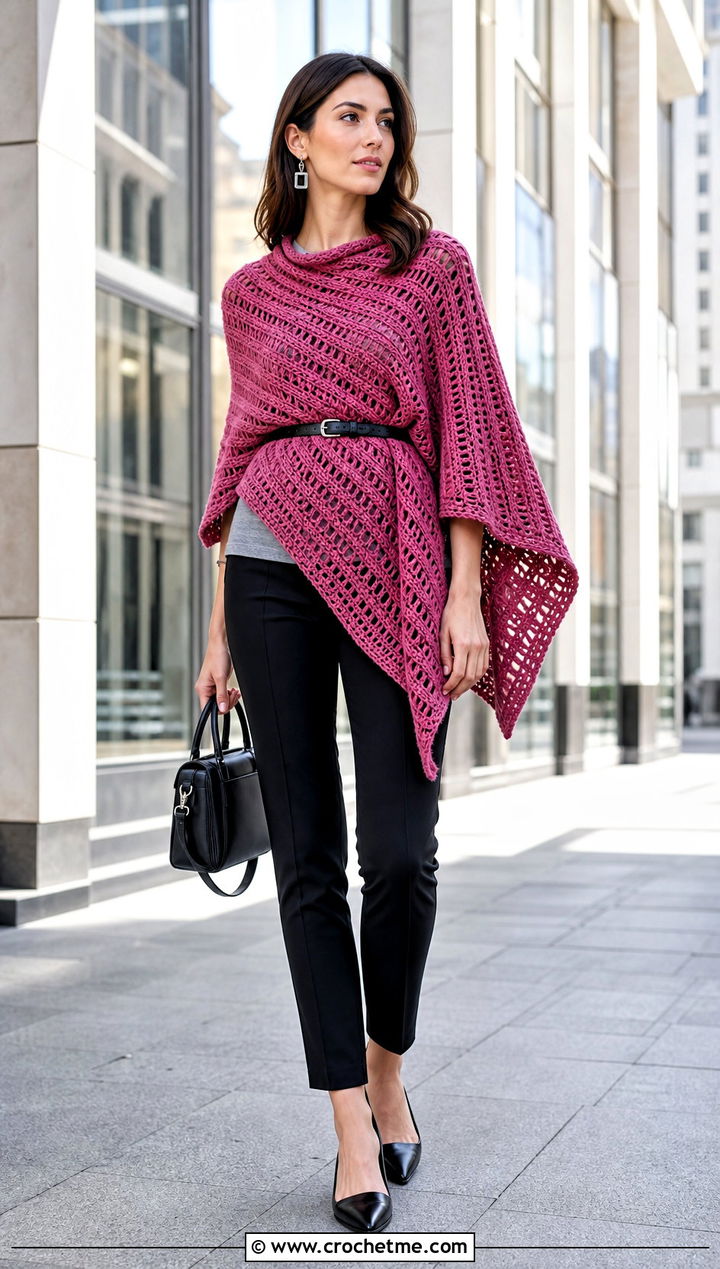 Belted Asymmetrical Crochet Poncho With Cigarette Pants - 25 Asymmetrical Crochet Poncho outfit ideas