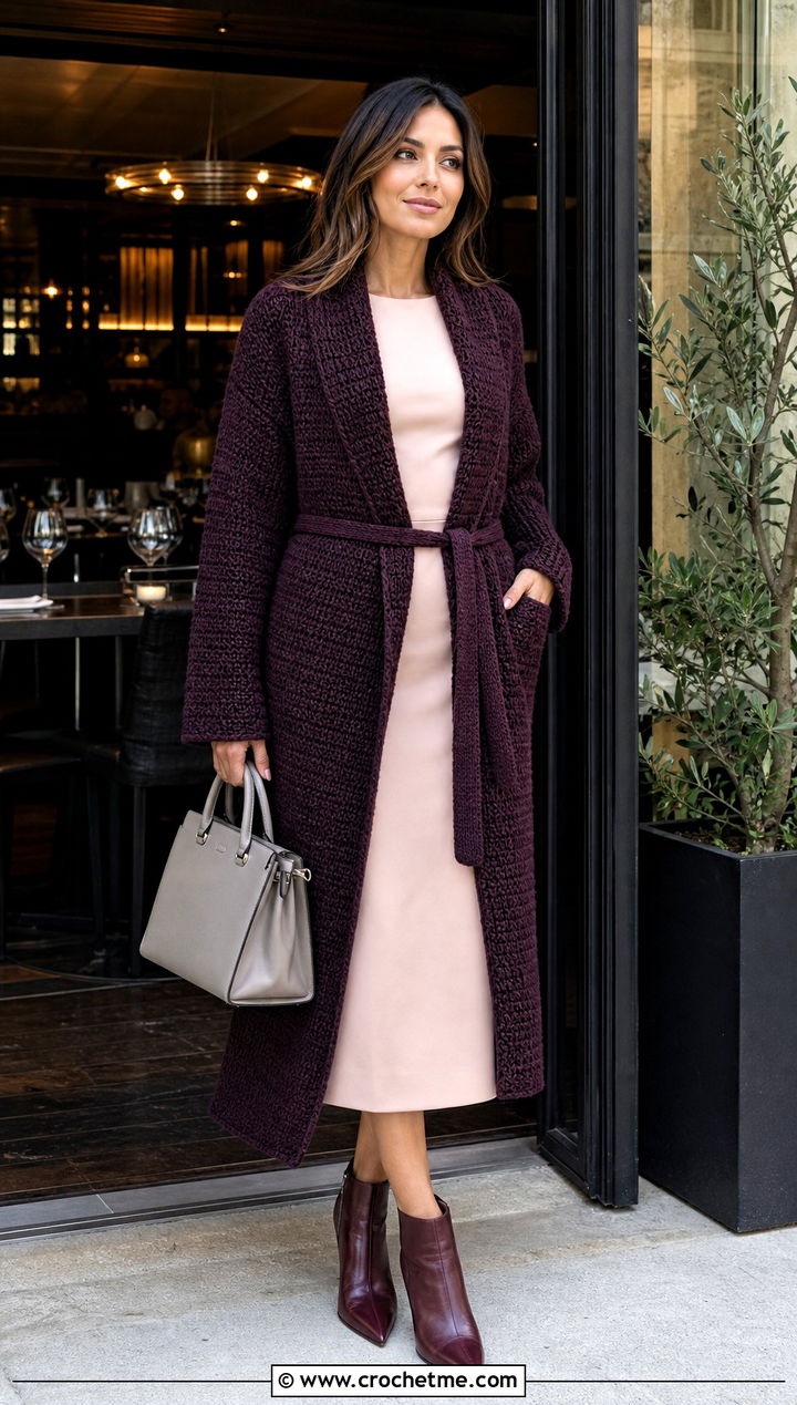 Belted Blanket Crochet Cardigan With Column Dress - 25 blanket crochet cardigan outfit ideas