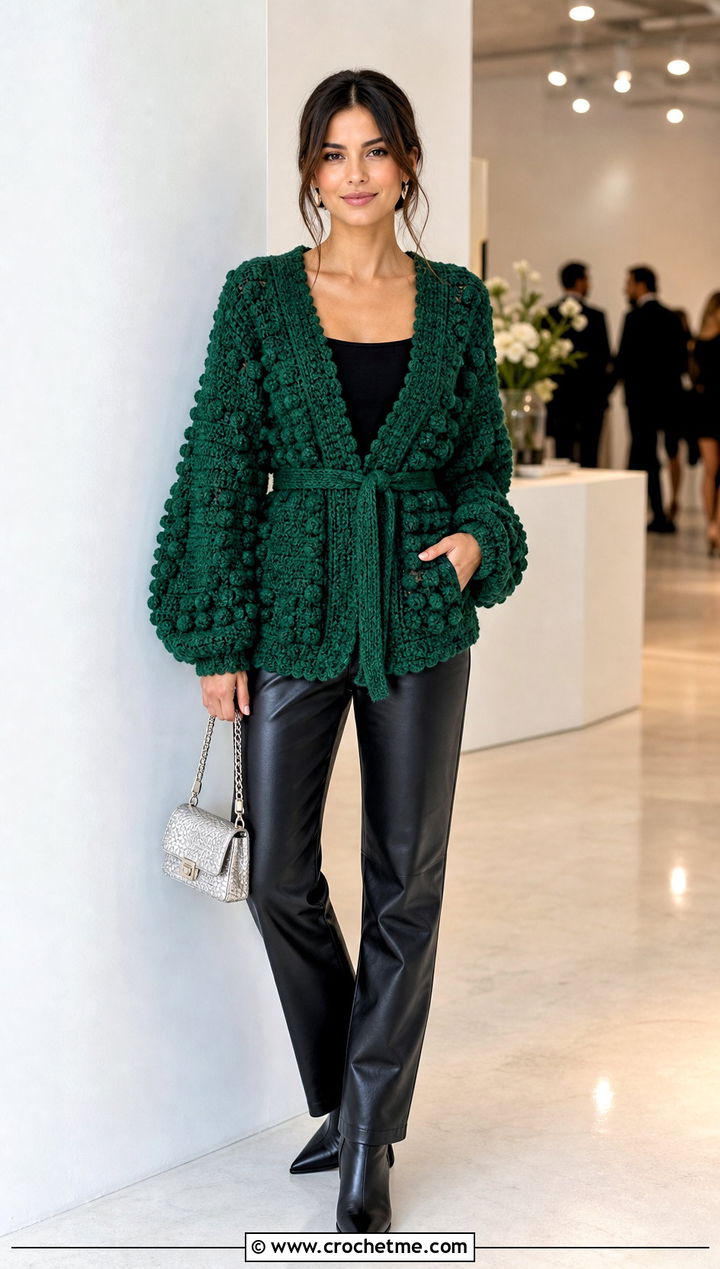 Belted Bobble Cardigan With Leather Pants - 25 Crochet Bobble Cardigan outfit ideas