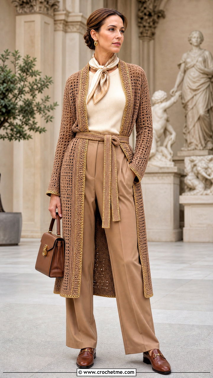 Belted Brown Crochet Duster Cardigan With Pleated Pants - 35 Brown Crochet Cardigan outfit ideas