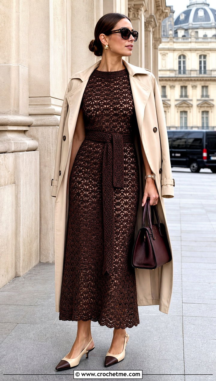 Belted Brown Crochet Maxi Dress With Trench Coat - 20 brown crochet maxi dress outfit ideas