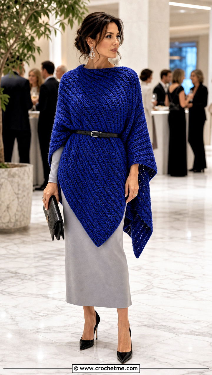 Belted C C Poncho With Column Dress - 15 Crochet C2C Poncho outfit ideas