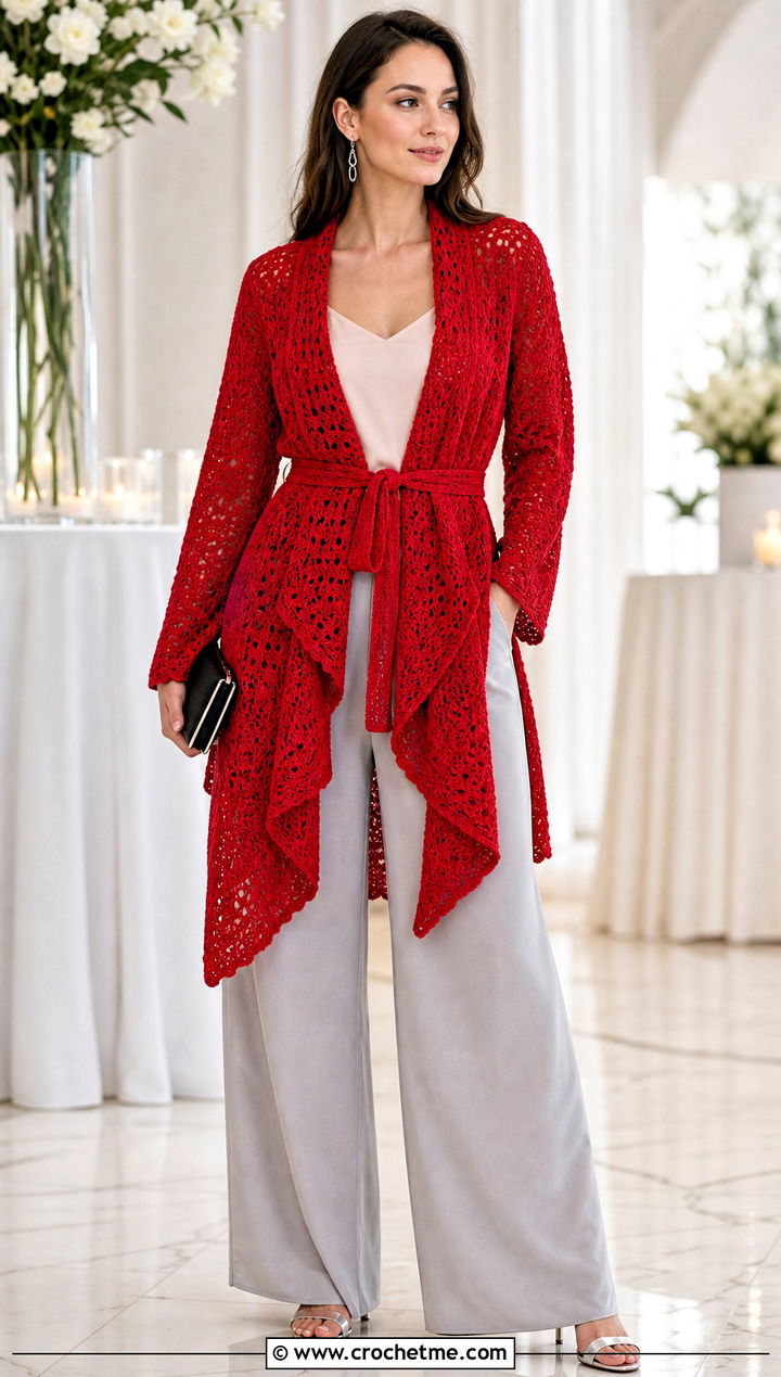 Belted Cascade Crochet Drape Cardigan With Wide Leg Pants - 15 Crochet Drape Cardigan outfit ideas