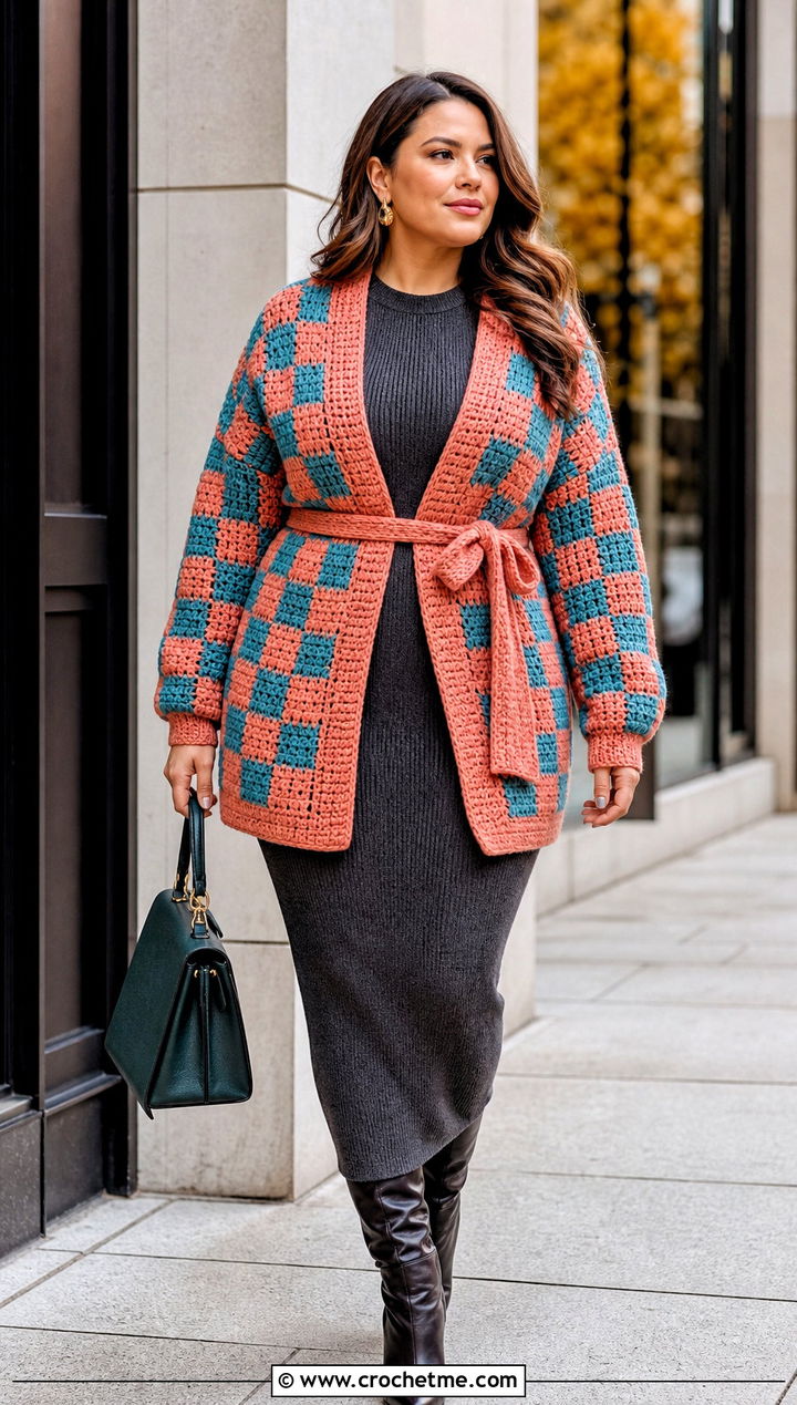 Belted Checkered Crochet Cardigan With Knit Dress - 25 Checkered Crochet Cardigan outfit ideas
