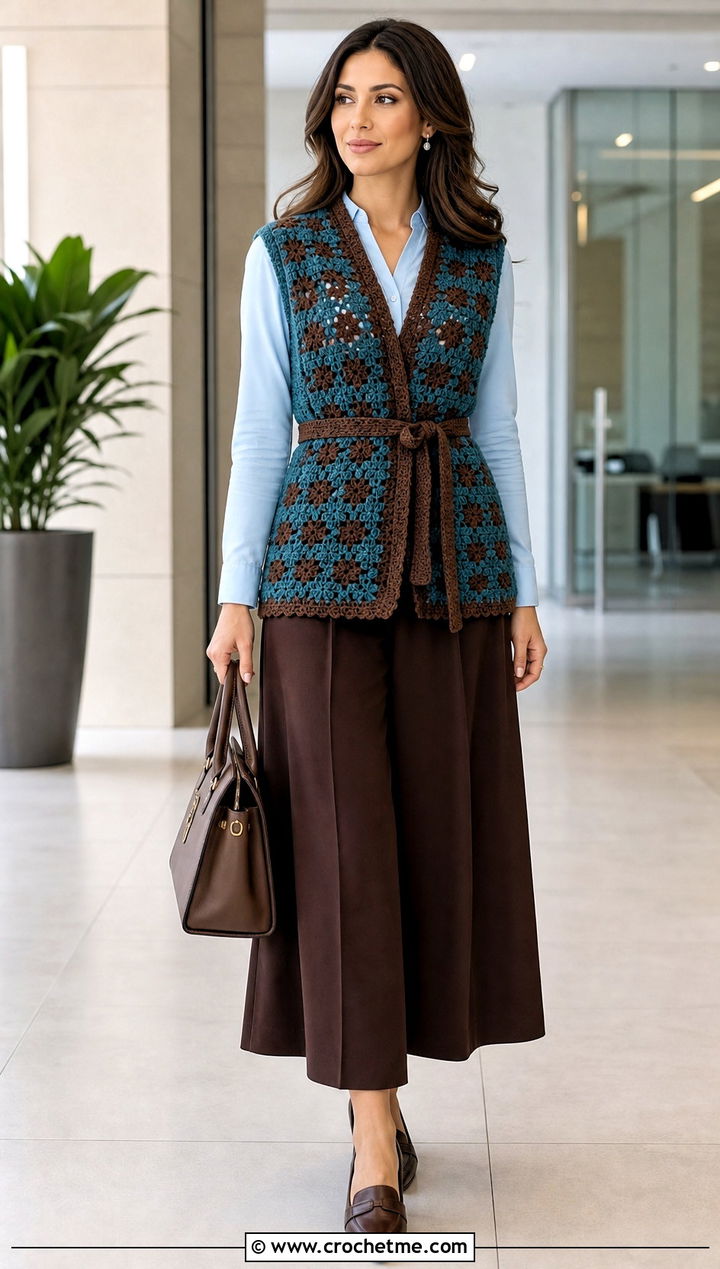 Belted Checkered Crochet Vest With Wide Leg Culottes - 30 checkered crochet vest outfit ideas