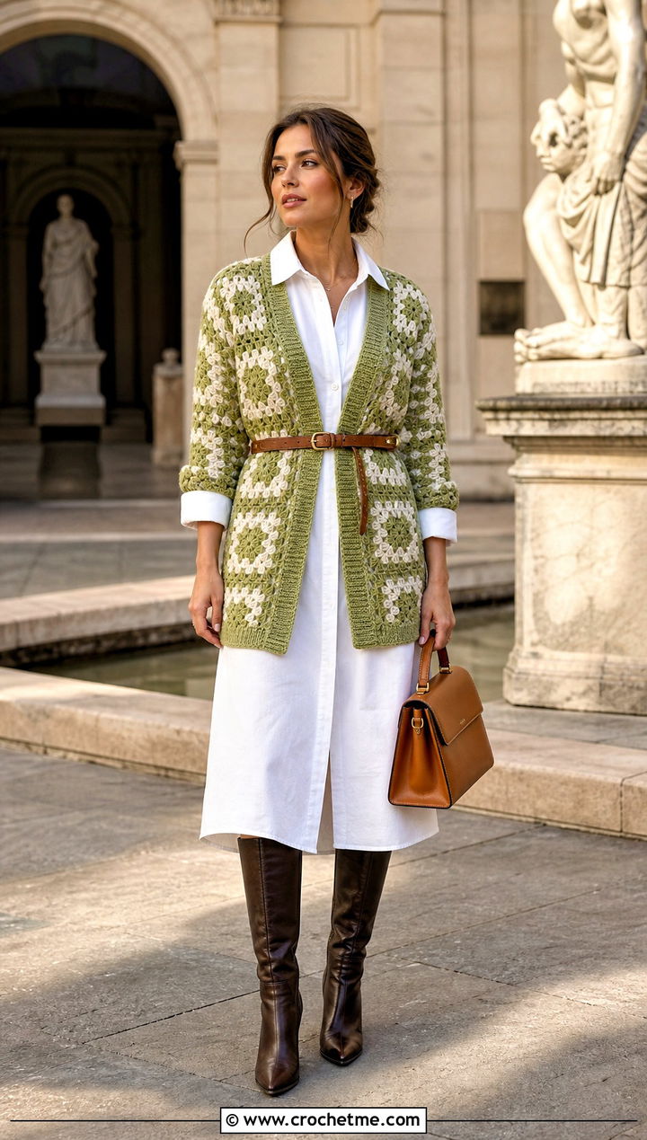 Belted Checkered Granny Square Cardigan With Shirt Dress - 25 checkered granny square cardigan outfit ideas