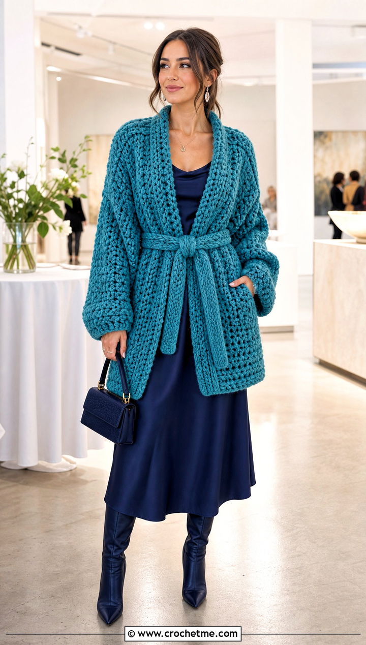 Belted Chunky Crochet Cardigan With Slip Dress - 25 Bulky Crochet Cardigan outfit ideas