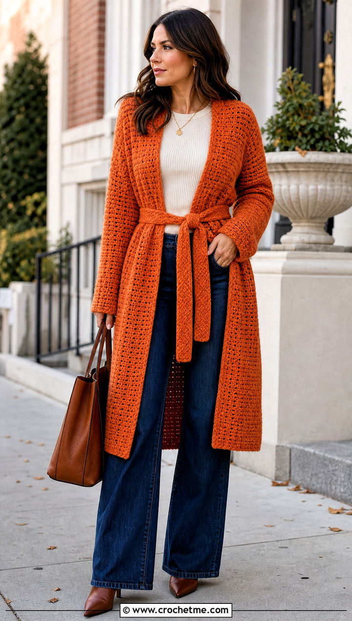 Belted Chunky Crochet Coatigan With Wide Leg Jeans - 15 Chunky Yarn Crochet Cardigan outfit ideas