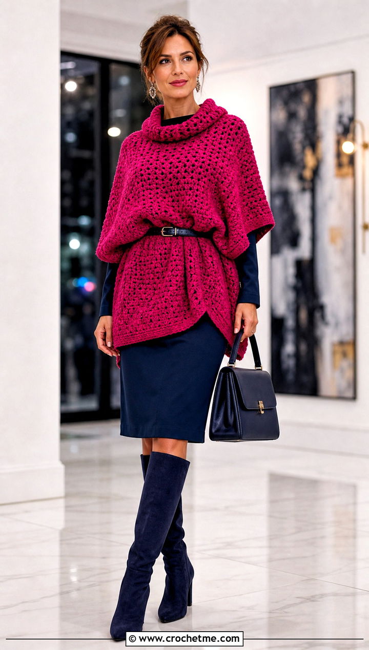 Belted Chunky Crochet Poncho With Knee High Boots - 25 Chunky Yarn Crochet Poncho outfit ideas