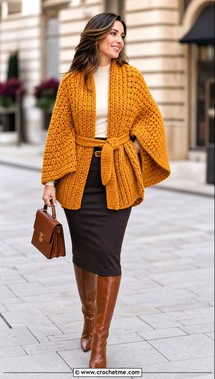 Belted Chunky Crochet Poncho With Pencil Skirt - 25 Chunky Crochet Poncho outfit ideas