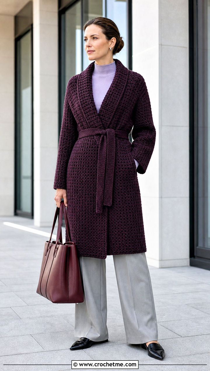 Belted Chunky Crochet Wrap Coat With Tailored Trousers - 25 Chunky Crochet Coat outfit ideas
