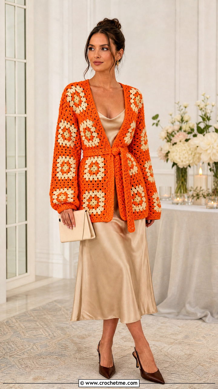 Belted Chunky Granny Square Cardigan With Satin Midi Skirt - 35 Chunky Granny Square Cardigan outfit ideas